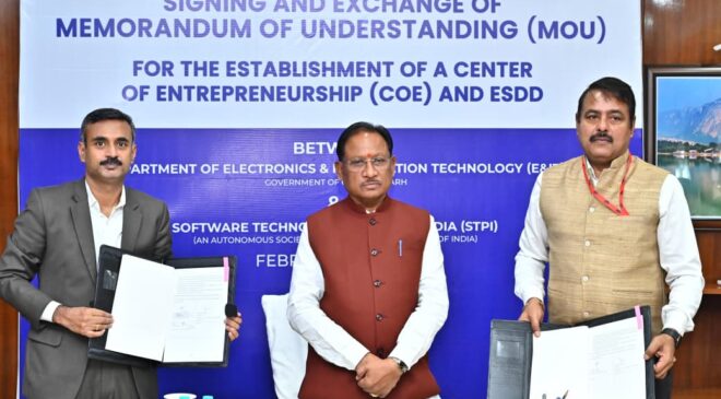 इलेक्ट्रॉनिक्स एवं आईटी विभाग छत्तीसगढ़ और एसटीपीआई के बीच हुआ ऐतिहासिक समझौता, राज्य में सेंटर ऑफ एंटरप्रेन्योरशिप (CoE) और इलेक्ट्रॉनिक्स सिस्टम डिजाइन एंड डेवलपमेंट (ESDD) सेंटर की होगी स्थापना